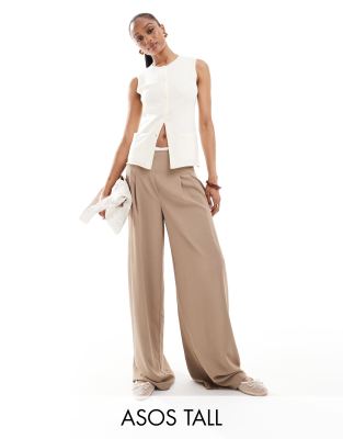 ASOS Tall ASOS DESIGN Tall raw edge trim wide leg trouser in camel-Pink