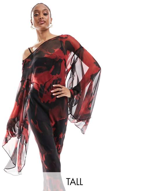 ASOS DESIGN Tall - Rød maxikjole med ekstremt draperet ærme og åben ryg i abstrakt print