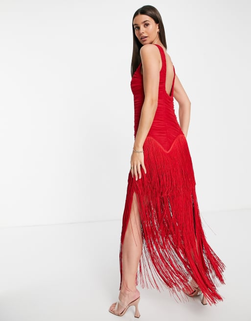 ASOS DESIGN Tall - Rød midikjole i mesh med sænket talje og korsetdesign og frynser, 2 af 4