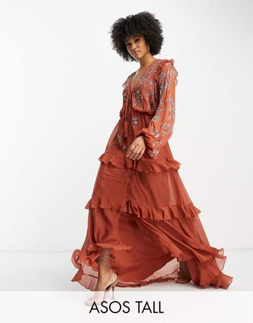 ASOS DESIGN Tall – Rdzawa miękka zapinana na guziki sukienka midi w zdobiony kwiatowy wzór