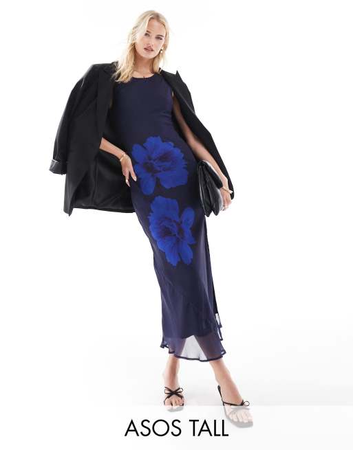 ASOS DESIGN Tall - Rechte midi jurk met bloemenprint in blauw