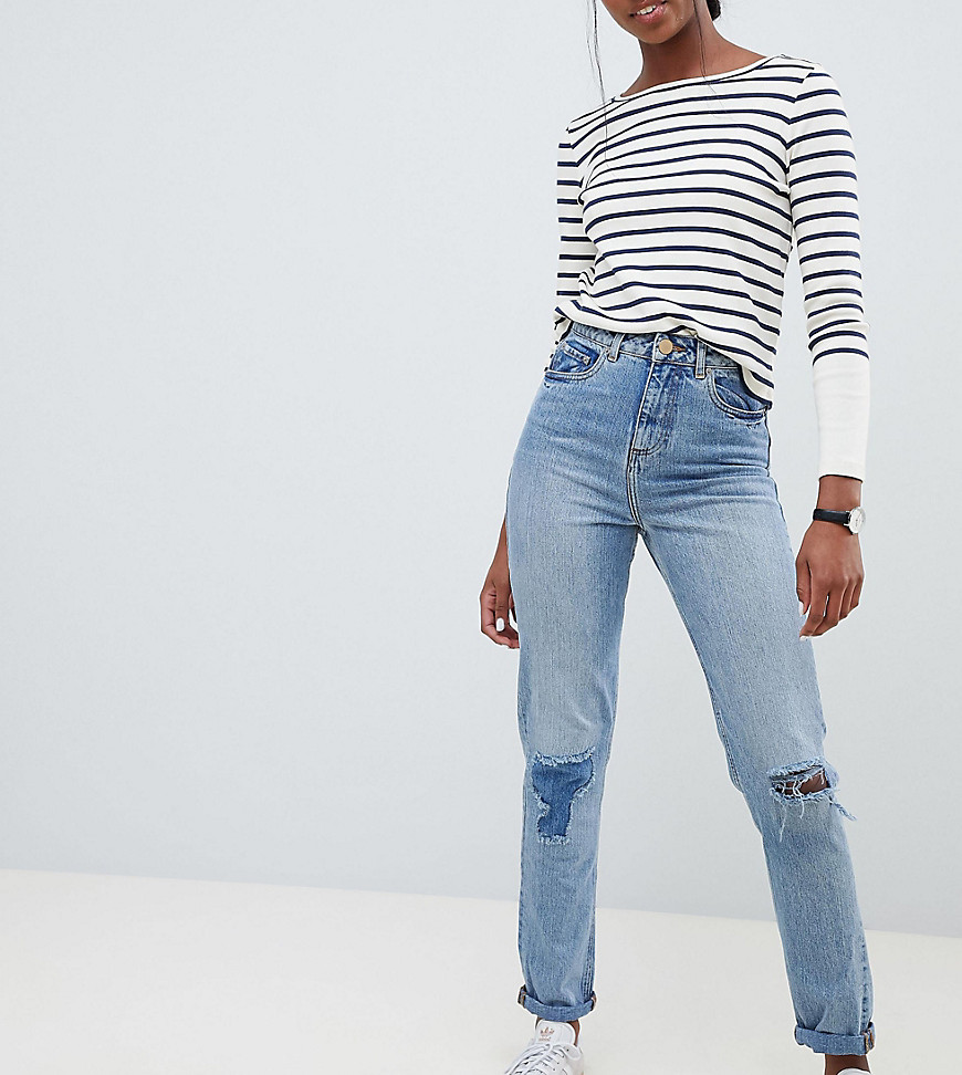 ASOS DESIGN – Tall – Recyckled Ritson – Mellanblå jeans i mom fit-modell med lagade revor
