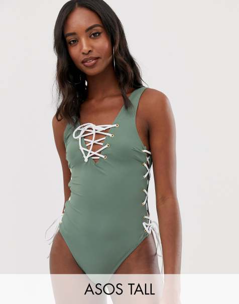 ASOS DESIGN Tall recycled contrast lace up front and side swimsuit in khaki