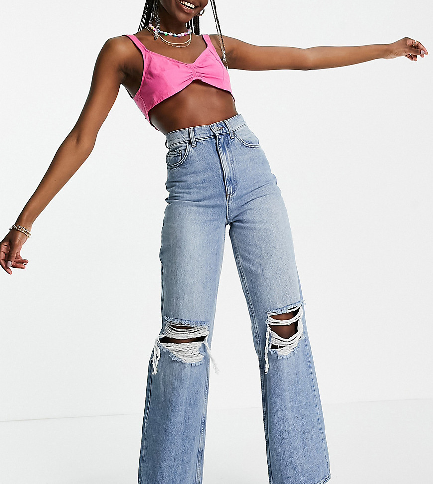 ASOS DESIGN Tall recycled cotton blend high rise 'relaxed' dad jeans brightwash with rips-Blues
