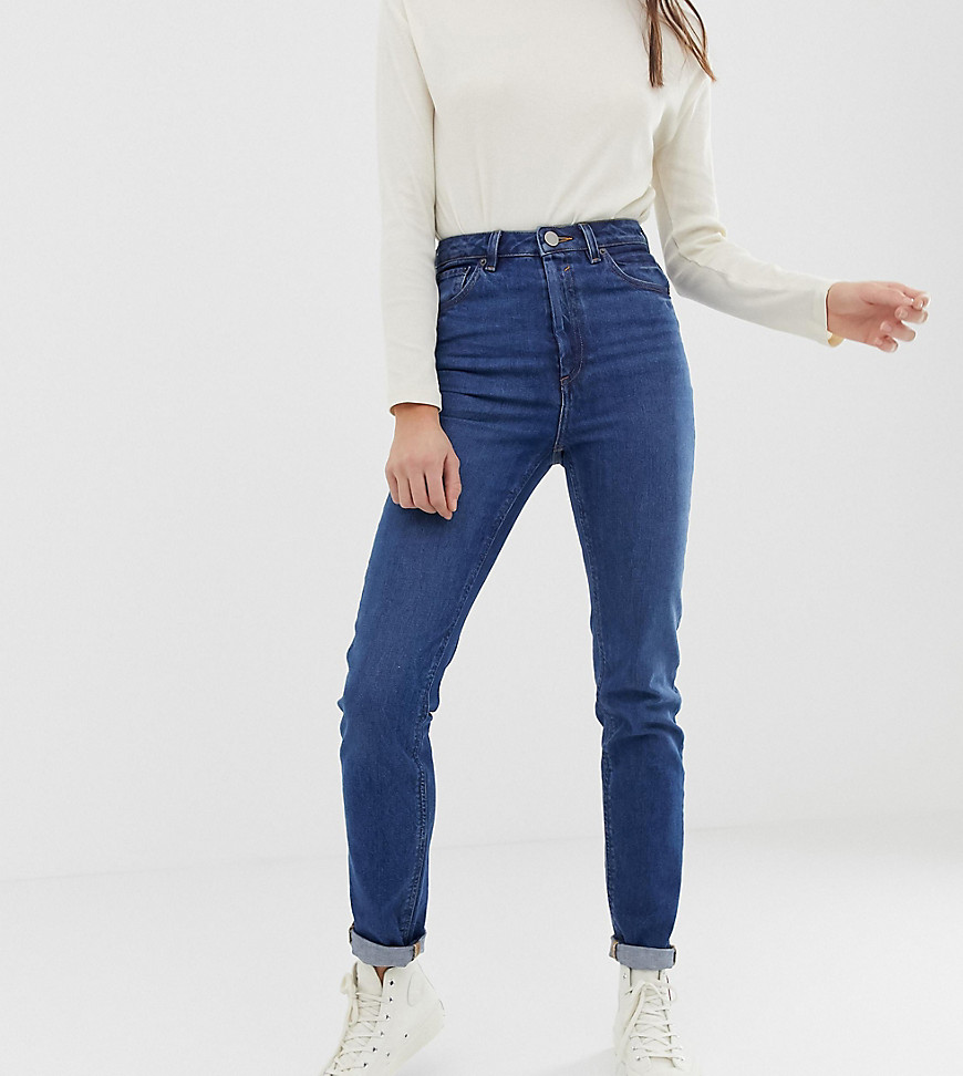 ASOS DESIGN Tall - Recycled Farleigh - Smalle højtaljede mom-jeans i Dark Wash-Blå