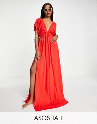 ASOS DESIGN Tall flutter sleeve maxi beach dress in red - RED