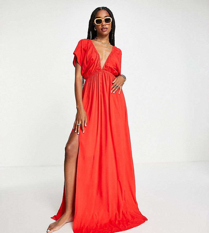 ASOS Tall ASOS DESIGN Tall recycled flutter sleeve maxi beach dress in red