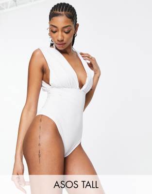 Asos Tall Asos Design Tall Gathered Plunge Swimsuit In White