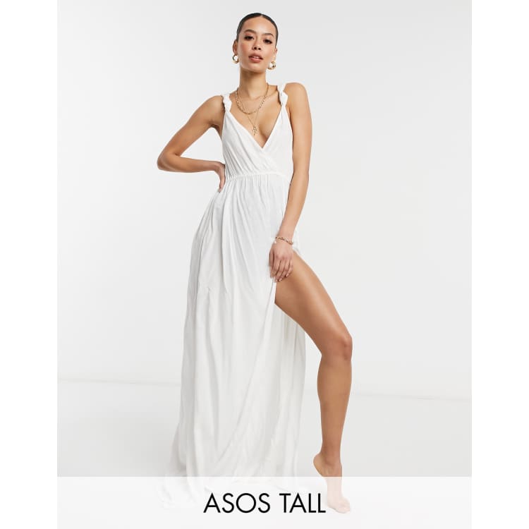 ASOS DESIGN tall recycled knot strap maxi beach dress in white | ASOS
