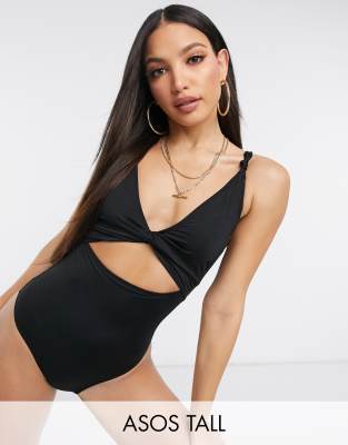 Asos Tall Asos Design Tall Loop Front Swimsuit With Knot In Black