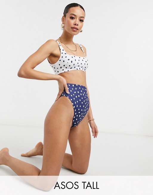 ASOS DESIGN tall mix and match high leg high waist bikini bottom in navy polka dot spot
