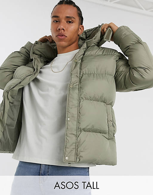 ASOS DESIGN Tall recycled puffer jacket with detachable hood in khaki | ASOS
