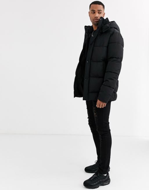 Asos design sustainable puffer jacket discount with detachable hood in black