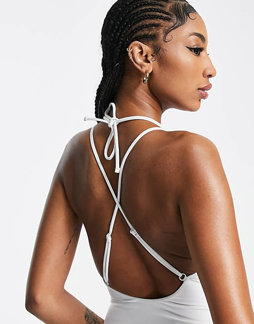 Swimwear & Beachwear Tall recycled ring detail strappy back swimsuit in white 