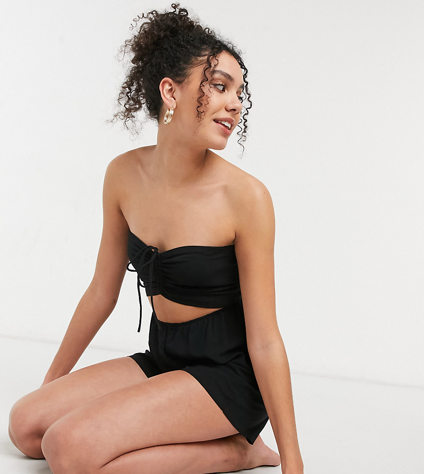 ASOS DESIGN tall recycled ruched bandeau cut out beach romper in black