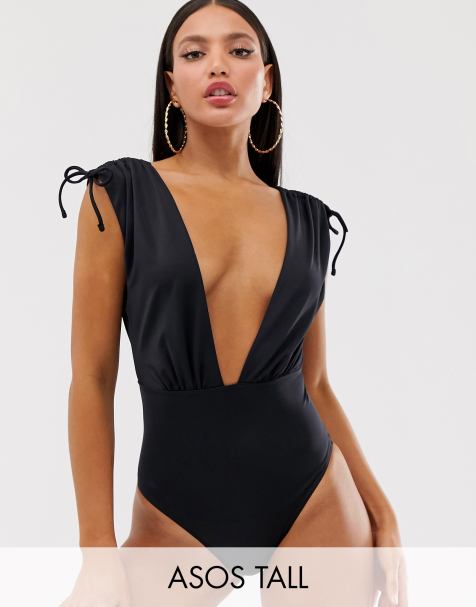 ASOS DESIGN Tall recycled ruched shoulder plunge swimsuit in black