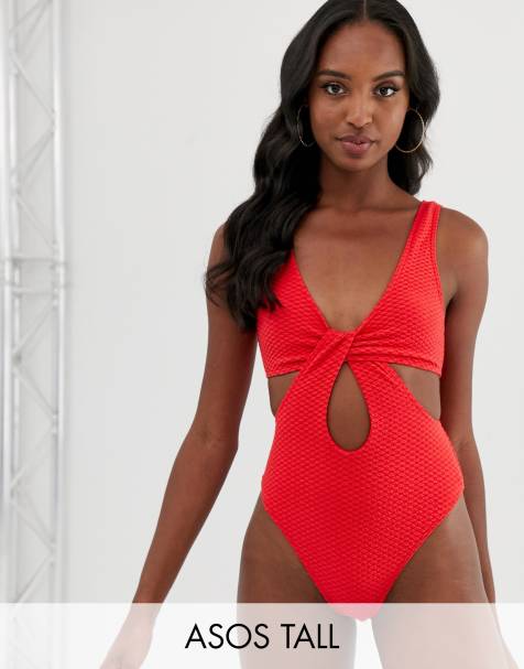 ASOS DESIGN Tall recycled textured cross waist swimsuit in red