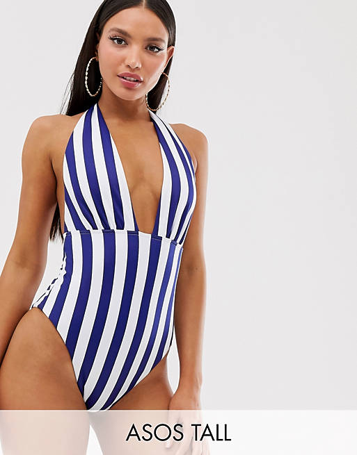 ASOS DESIGN Tall recycled v front strappy back swimsuit in stripe