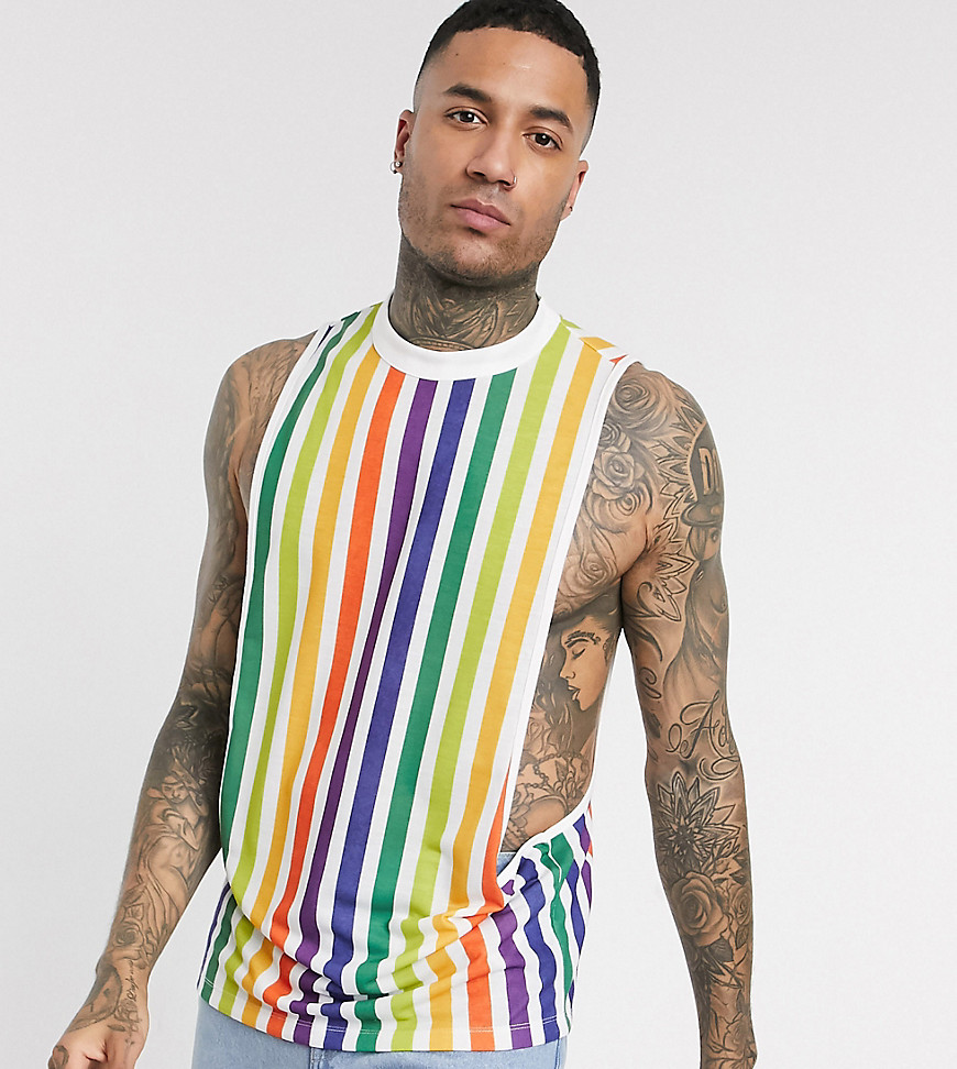 ASOS DESIGN Tall – Regnbågsrandig t-shirt utan ärm med extremt lågt skuret ärmhål-Flerfärgad