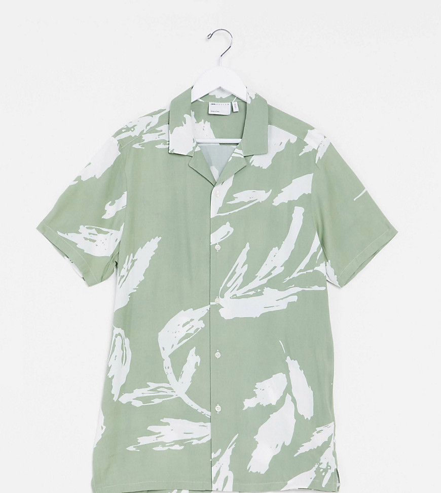 ASOS DESIGN Tall regular fit deep revere shirt in mint abstract floral print-Green
