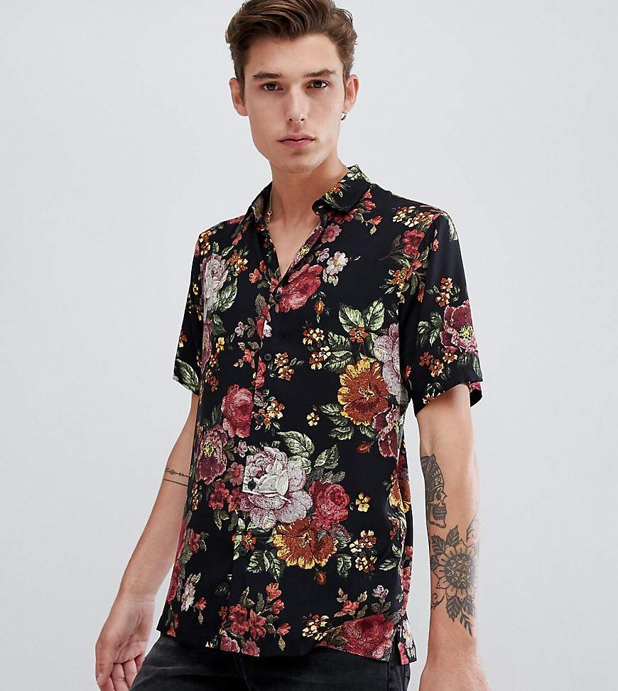 Asos Design Tall Regular Fit Floral Tapestry Style Shirt In Black In Neutral