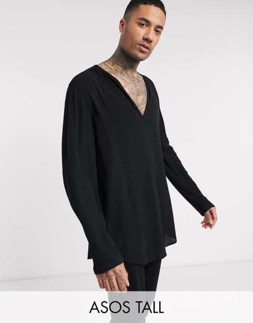 ASOS DESIGN - Tall - Regular-fit gekreukt viscose overhemd zonder sluiting in zwart