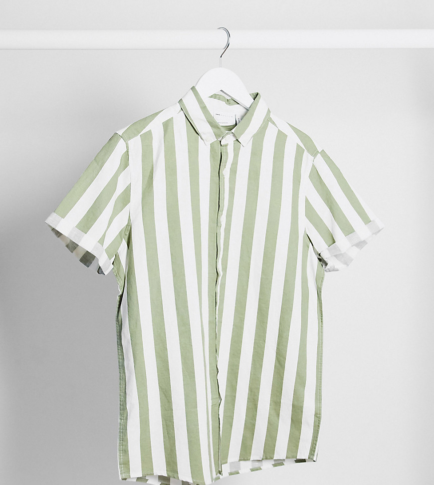 ASOS DESIGN Tall regular fit linen shirt in green and white stripe