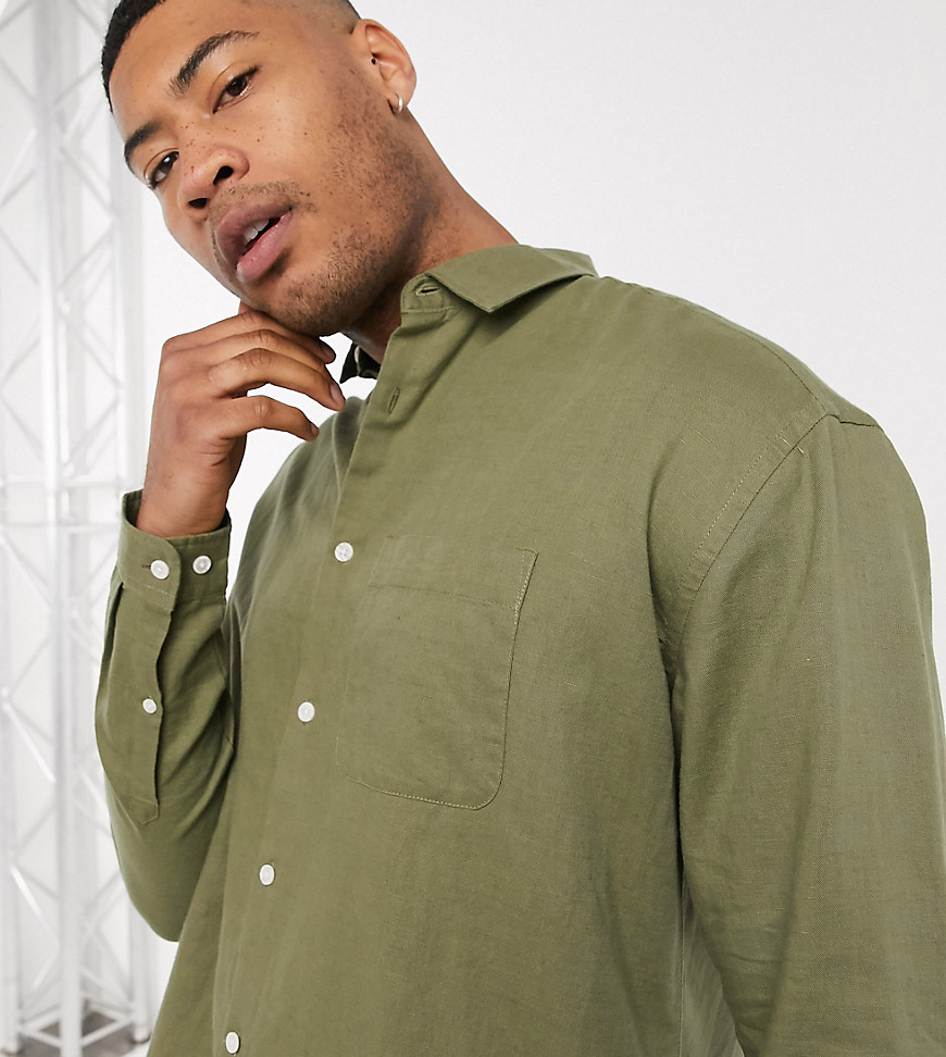 ASOS DESIGN Tall regular fit linen shirt in khaki-Green