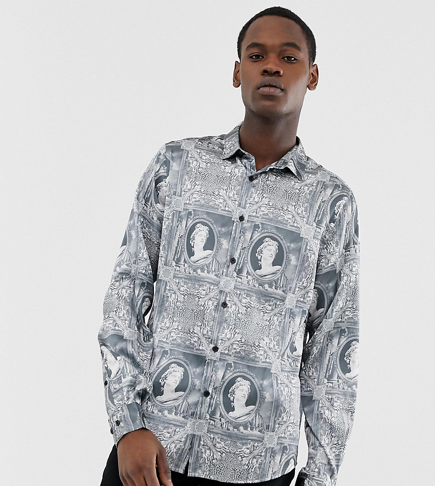 ASOS DESIGN Tall - Regular-fit overhemd met barokprint in grijs-Zwart