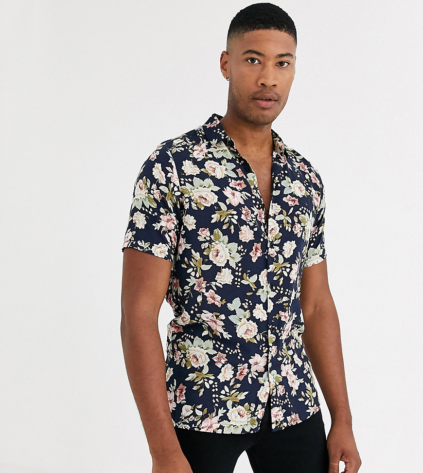 ASOS DESIGN - Tall - Regular-fit overhemd met bloemenprint in marineblauw