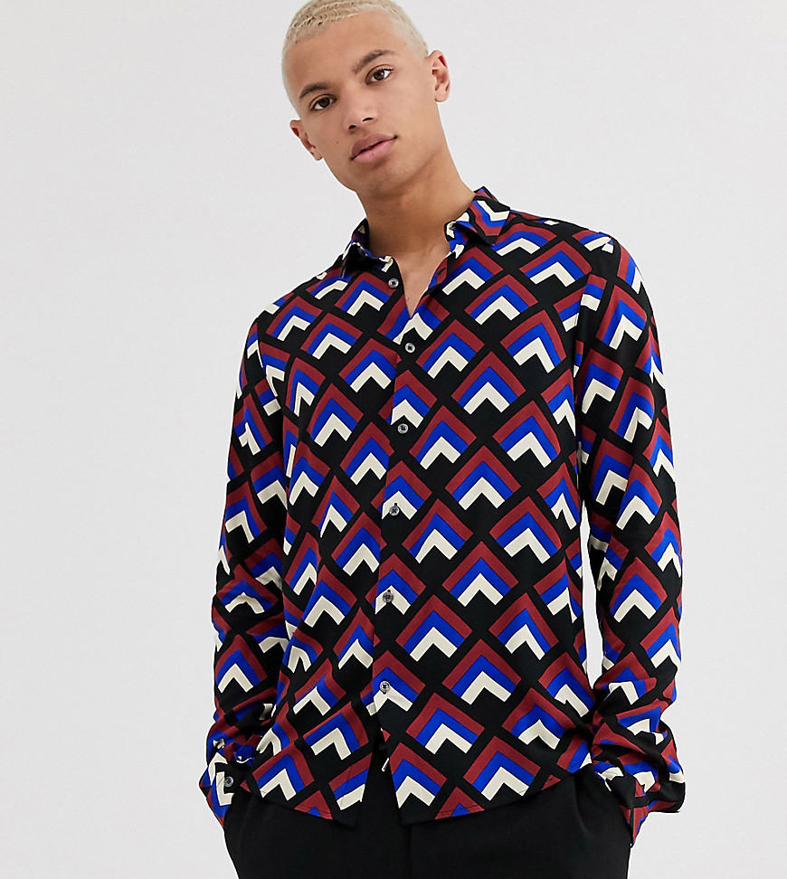 ASOS DESIGN Tall - Regular-fit overhemd met geometrische retro print-Zwart