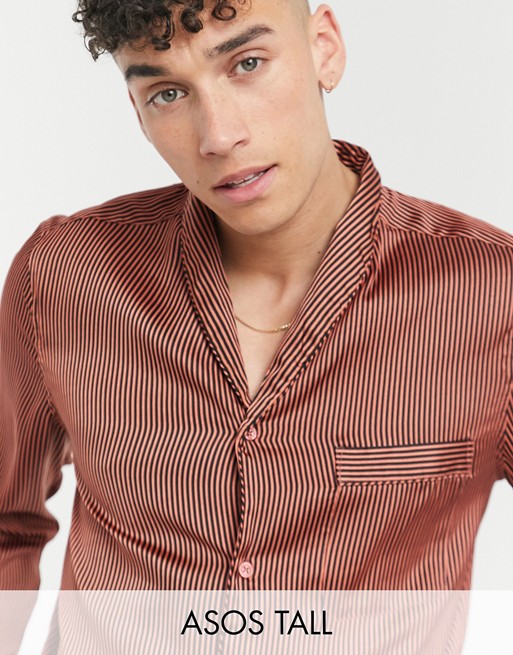 ASOS DESIGN Tall regular fit shawl collar shirt in copper stripe satin