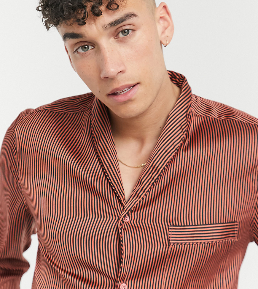ASOS DESIGN Tall regular fit shawl collar shirt in copper stripe satin-Yellow