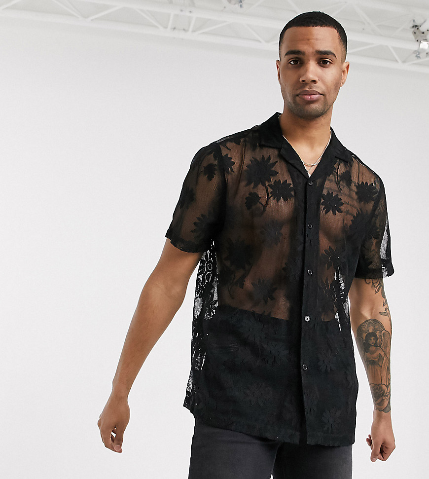 ASOS DESIGN Tall regular fit shirt with revere collar in floral black lace