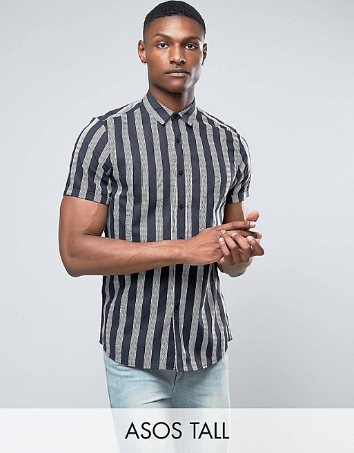 ASOS DESIGN Tall regular fit viscose stripe shirt in black