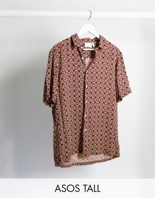 ASOS DESIGN Tall regular geo print shirt in burgundy-Red