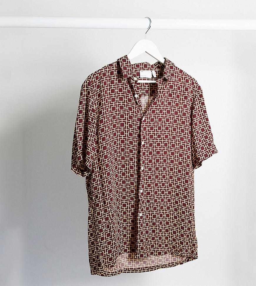 ASOS DESIGN Tall regular geo print shirt in burgundy-Red