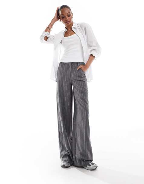 ASOS DESIGN Tall relaxed dad trousers with 5 pocket detail in grey stripe - view 1