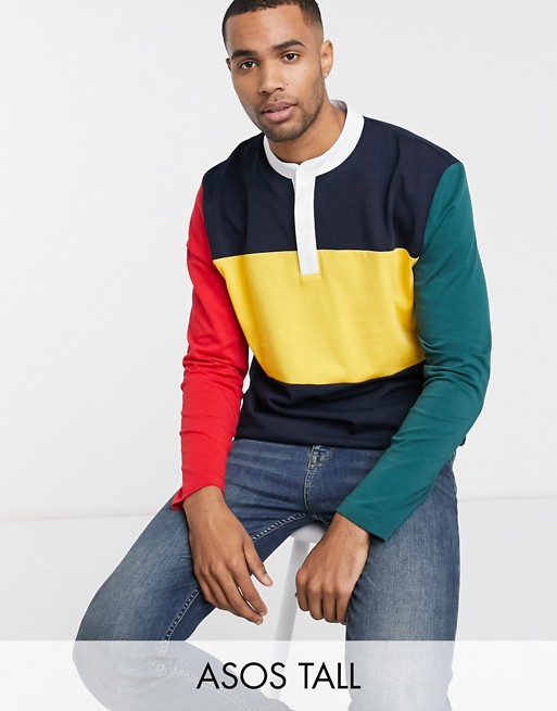 ASOS DESIGN Tall relaxed long sleeve t-shirt with woven granded neck in colour block