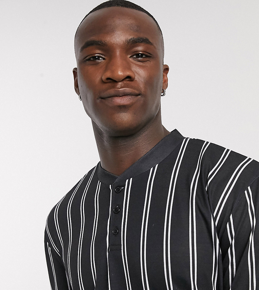 ASOS DESIGN Tall relaxed long sleeve vertical stripe t-shirt with grandad bomber neck-Black