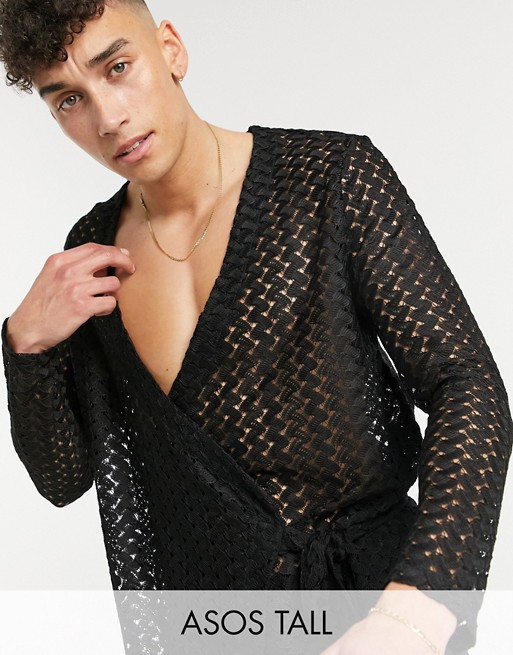 ASOS DESIGN Tall relaxed long sleeve wrap shirt in black lace