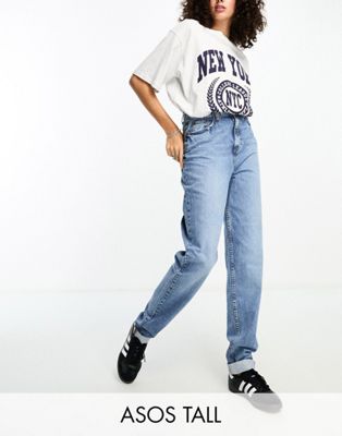 ASOS DESIGN Tall relaxed mom jeans in mid blue - ASOS Price Checker