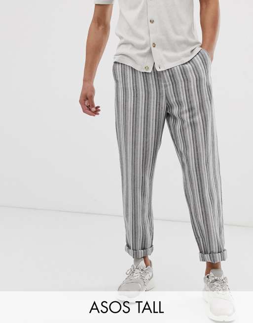 ASOS DESIGN Tall relaxed pants in gray linen mix stripe