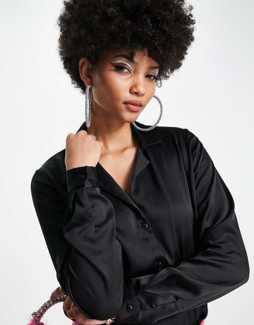 Black Gathered Front Satin Shirt Bodysuit, Bodysuits