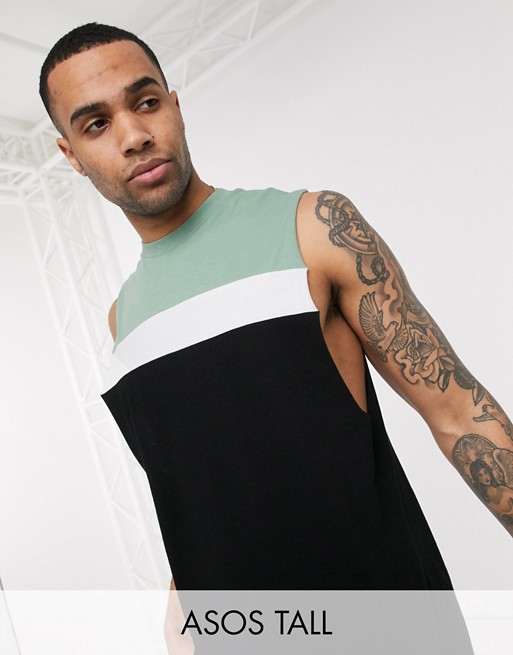 ASOS DESIGN Tall relaxed sleeveless t-shirt with dropped armhole and colour block panels