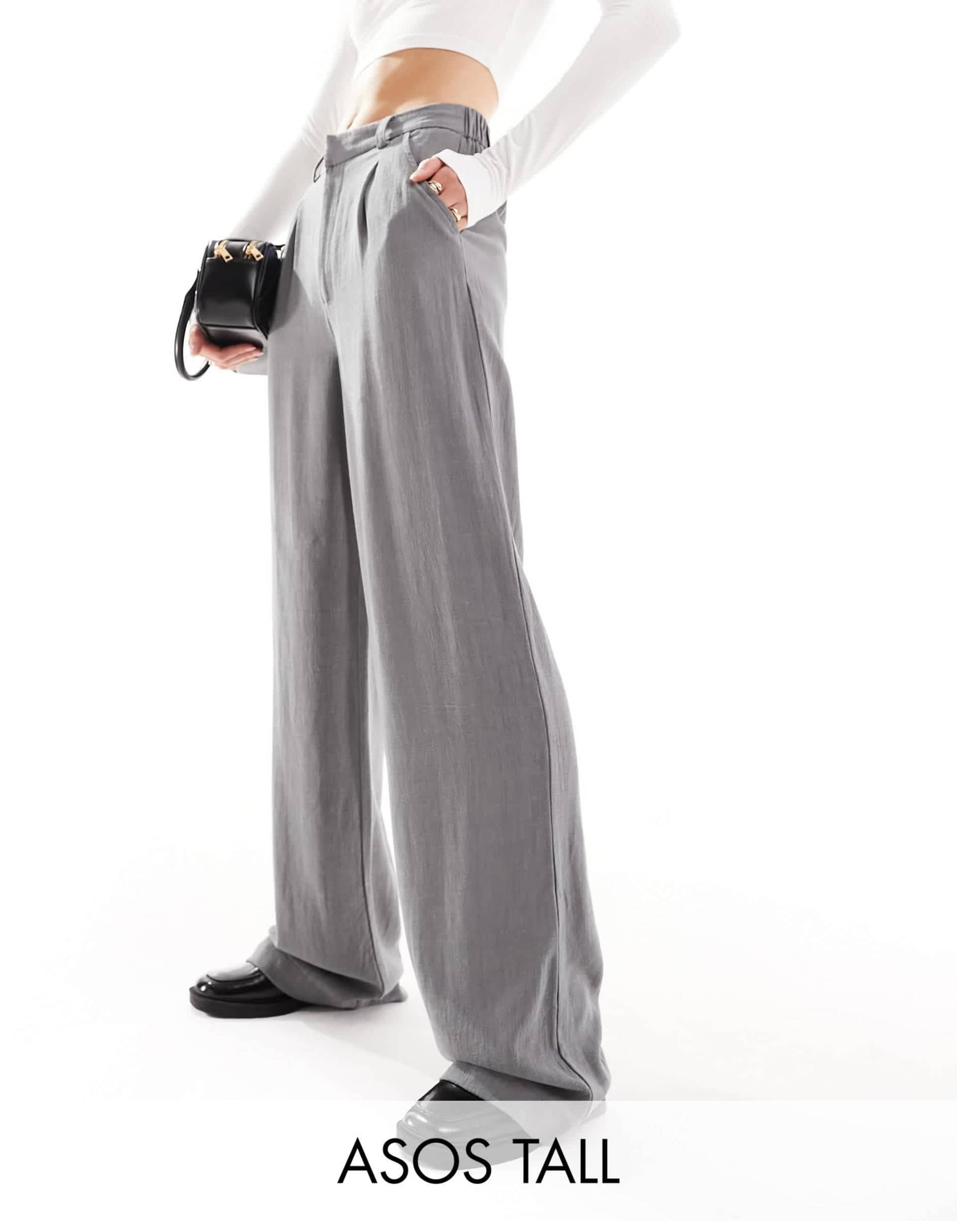 asos design tall relaxed straight leg linen blend pants in gray