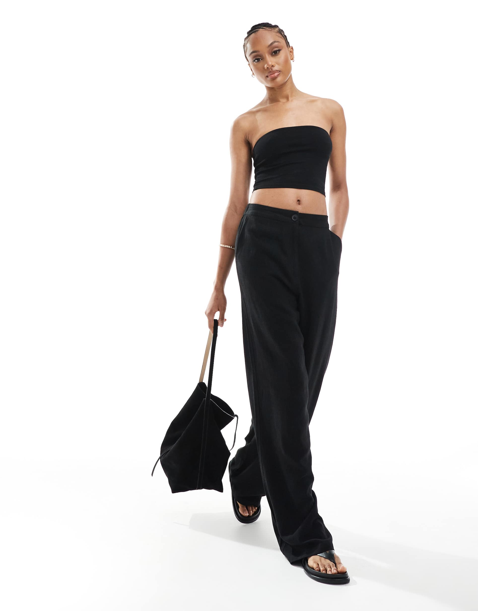 asos design tall relaxed straight leg linen mix pants in black