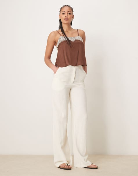 ASOS DESIGN Tall relaxed straight leg pants with linen in off white - view 1