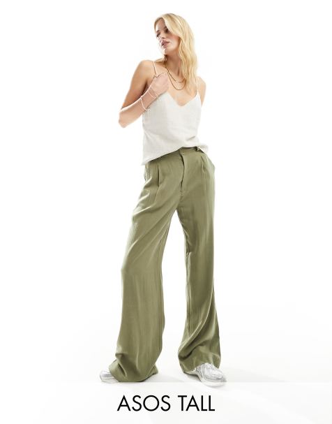 ASOS DESIGN Tall relaxed straight leg pants with linen in olive - view 1