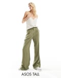 [ASOS DESIGN] ASOS DESIGN Tall relaxed straight leg pants with linen in olive-Green 14 Olive